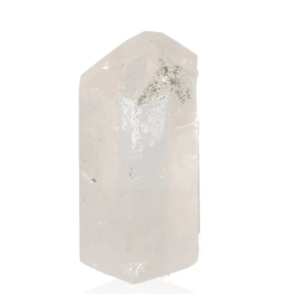 Lemurian Quartz Obelisk with Clear Crystal Points, spiritual healing stone, universal energy amplifier, white background.