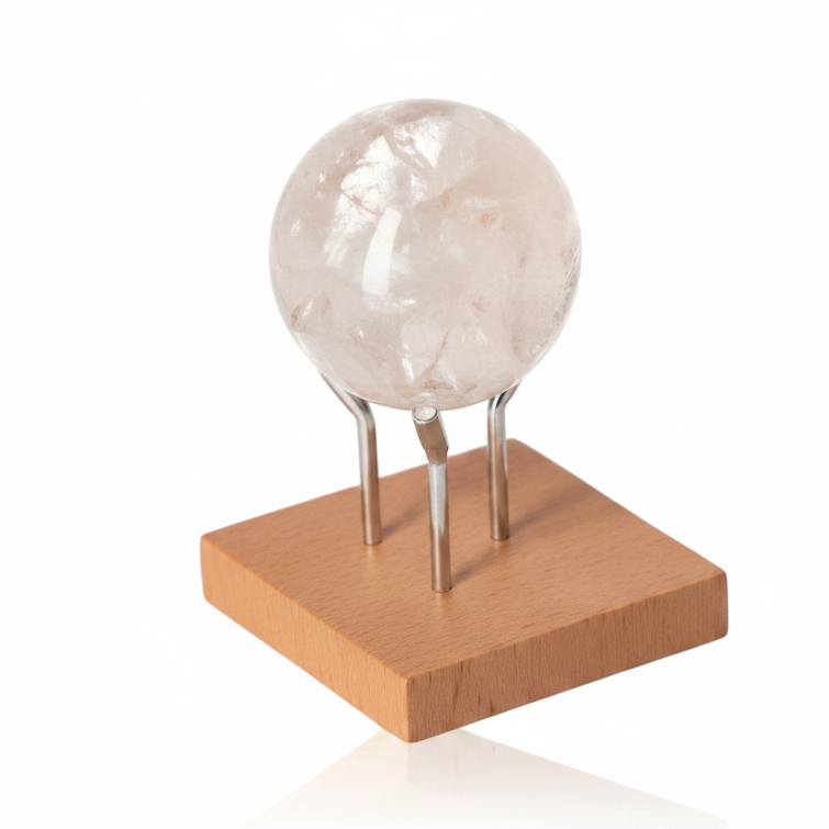 Lemurian Quartz Sphere on display stand, showcasing brilliance and crystal clarity, ideal for spiritual and decorative use.