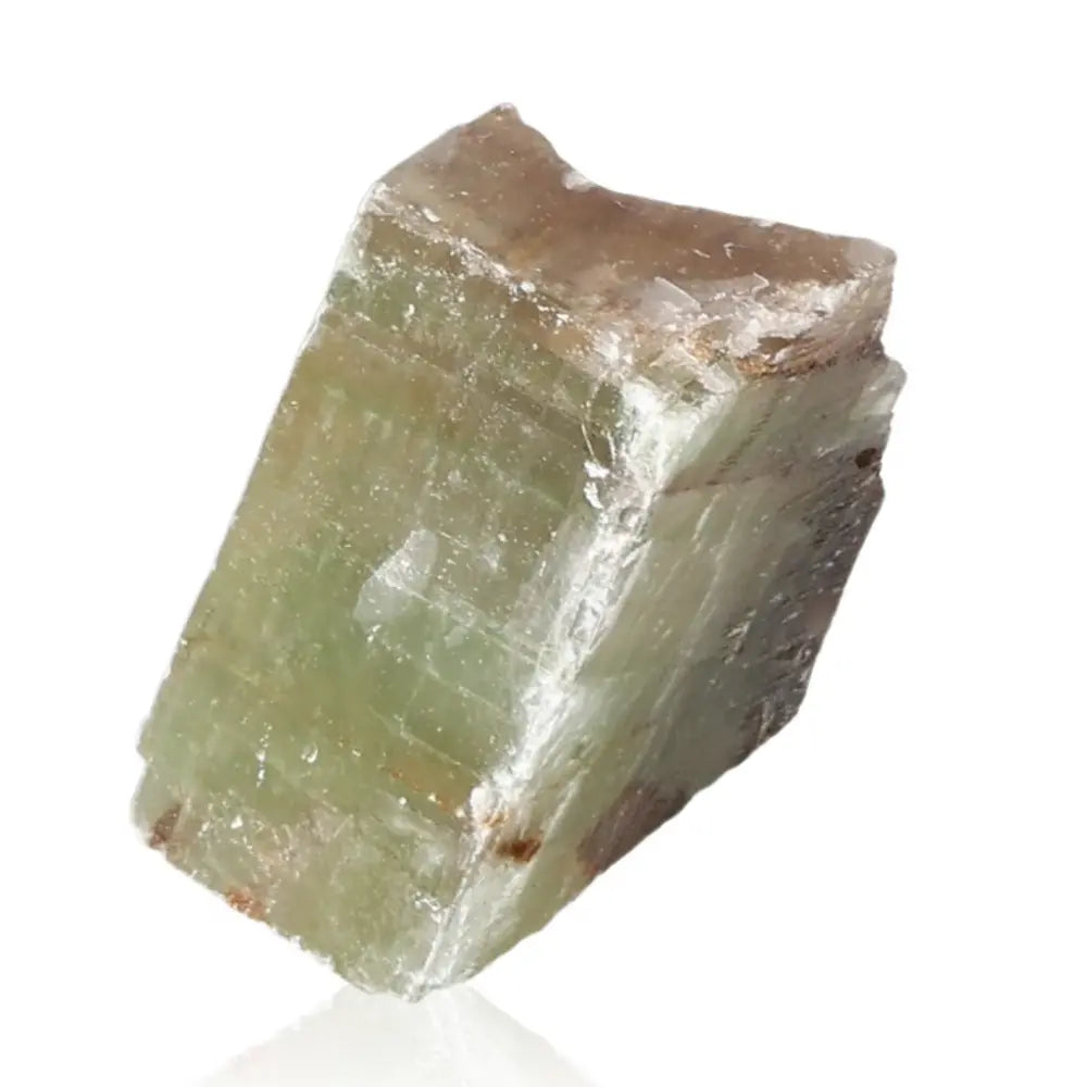 Raw green calcite crystal promoting renewal and heart energy.