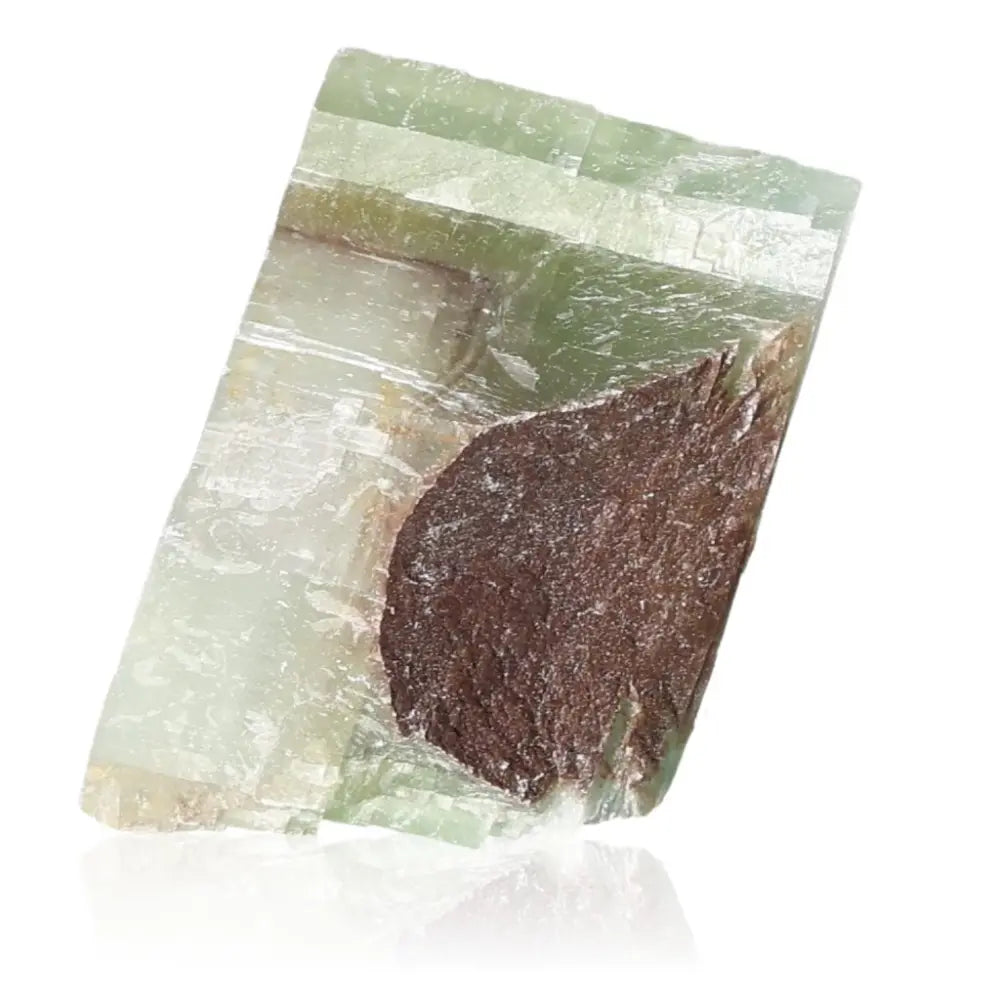 Green Calcite crystal, a soothing gemstone for renewal and emotional healing, enhancing heart energy and positive vibes.