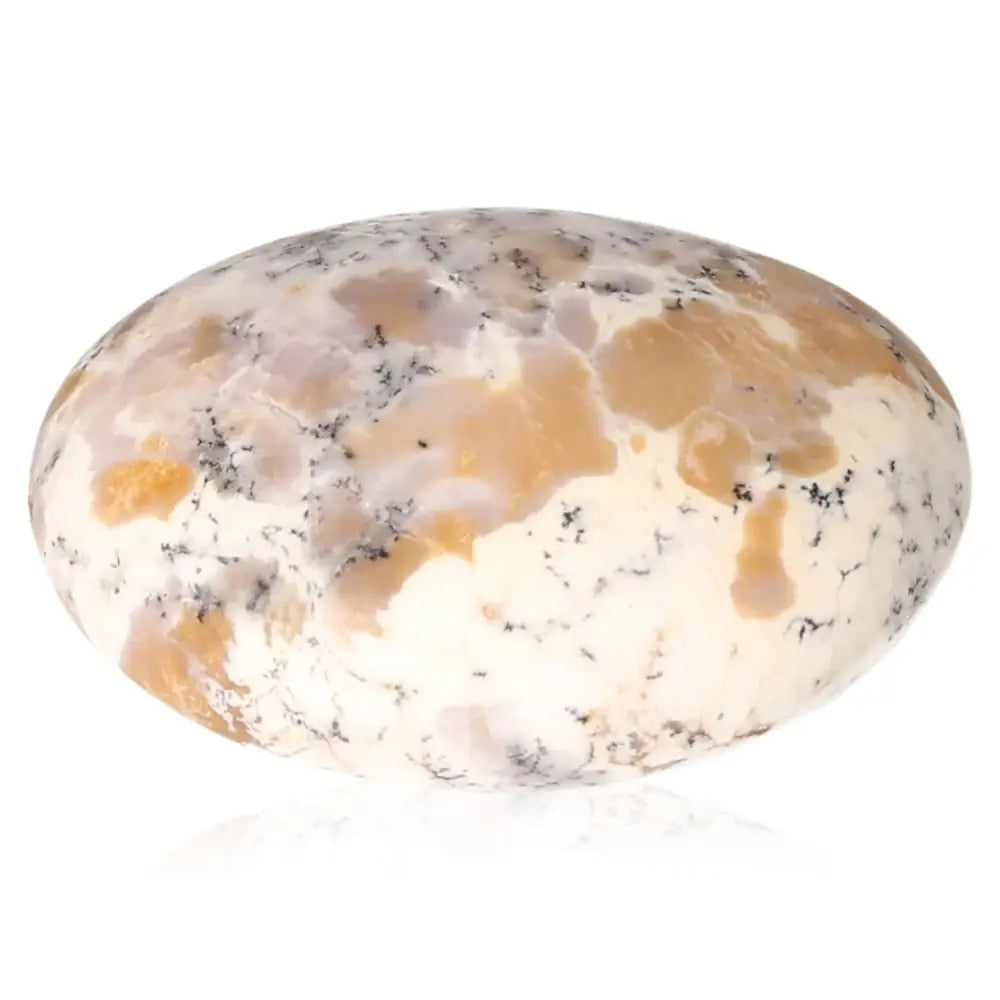 Polished banded agate tumbled stone with unique natural patterns and colors on a white background.