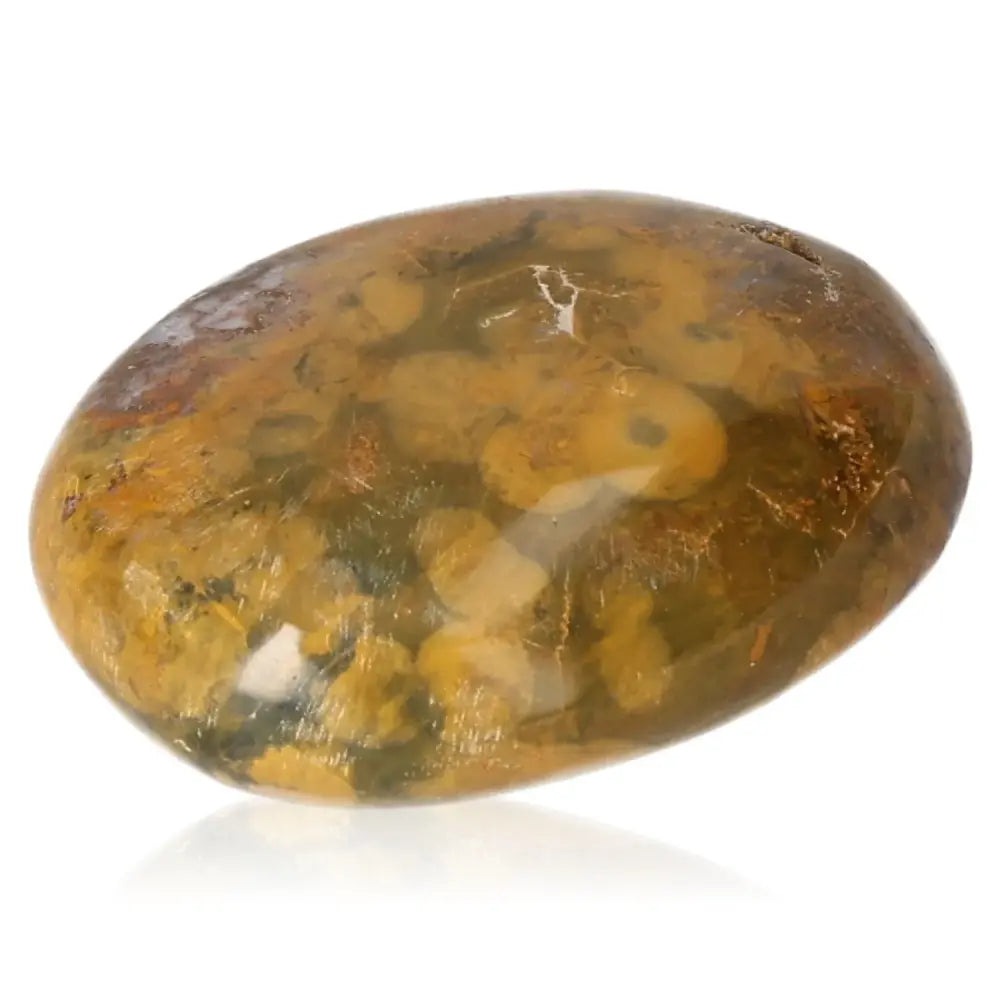 Tumbled Jasper stone with blue and golden hues, offering spiritual significance and enhancing personal growth and emotional harmony.