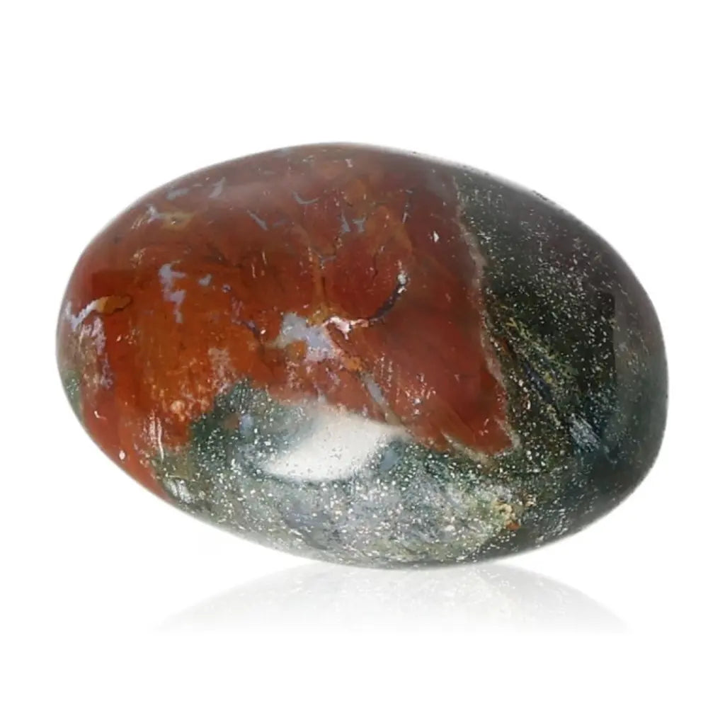 Tumbled Jasper gemstone, known for harmony and balance, smooth finish, in shades of red and green, ideal for tranquility seekers.