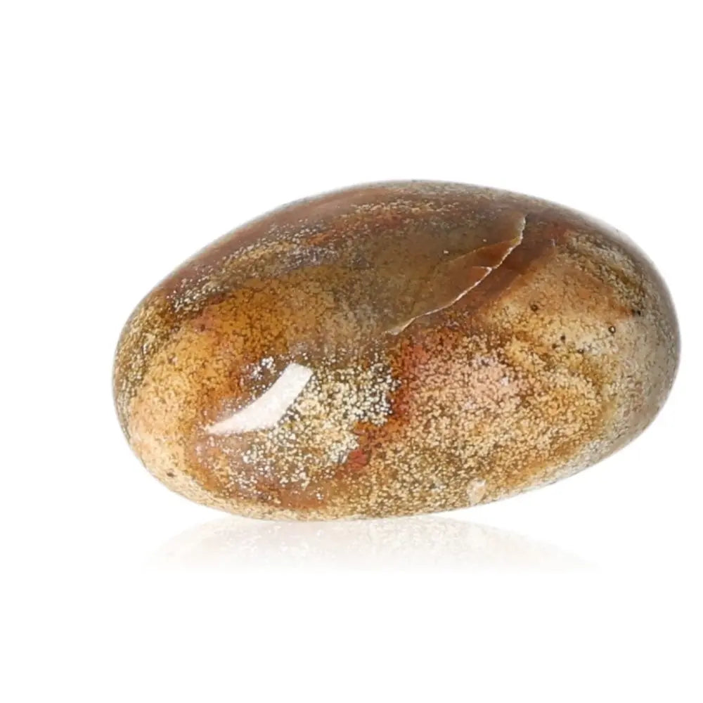 Brown Tumbled Jasper stone reflecting light with smooth polished surface for tranquility and harmony enhancement.