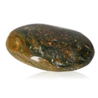 Tumbled Jasper gemstone, enhancing tranquility and stress relief, on a white background.