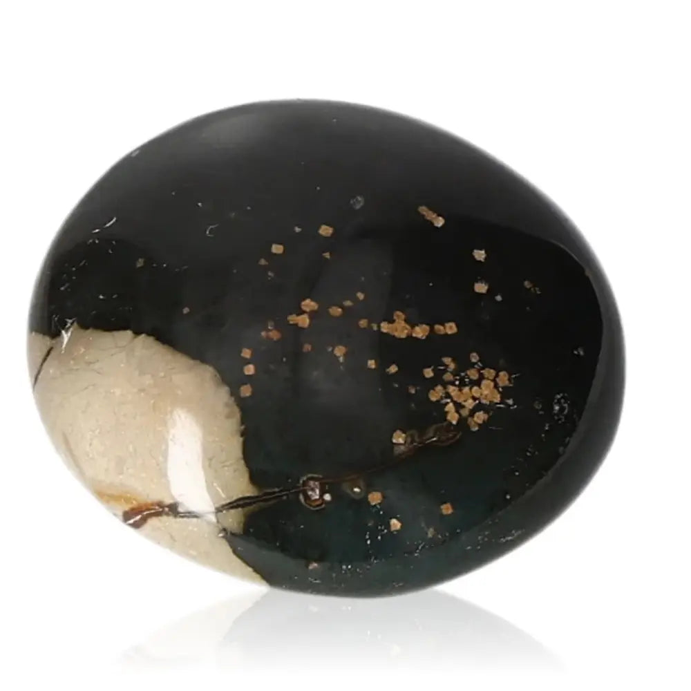 Tumbled Jasper stone with black, beige, and speckled patterns, known for harmonizing energy and promoting tranquility and balance.