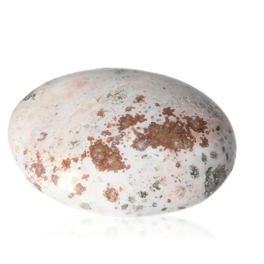 Close-up of a polished tumbled Jasper gemstone, showcasing its unique patterns and calming hues, perfect for harmonizing energy and tranquility.