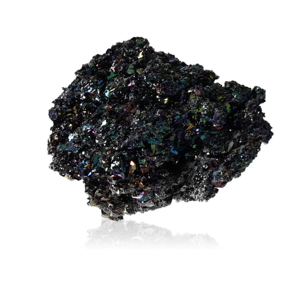 Carborundite (Silicon Carbide) crystal exhibiting a shimmering rainbow-like surface, known for energy amplification and transformation.