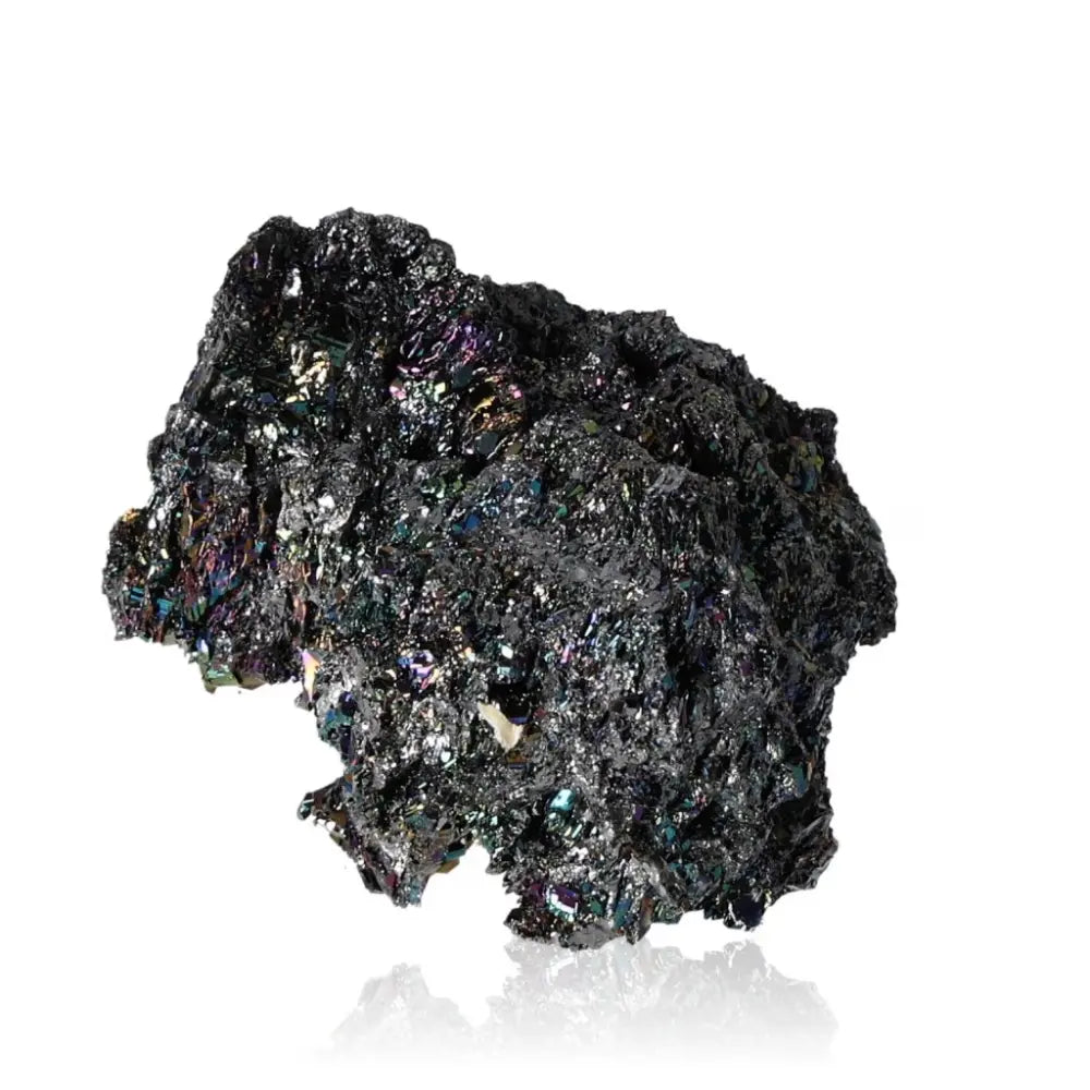 Carborundite mineral displaying a shimmering rainbow-like surface, known for energy amplification and transformation properties.