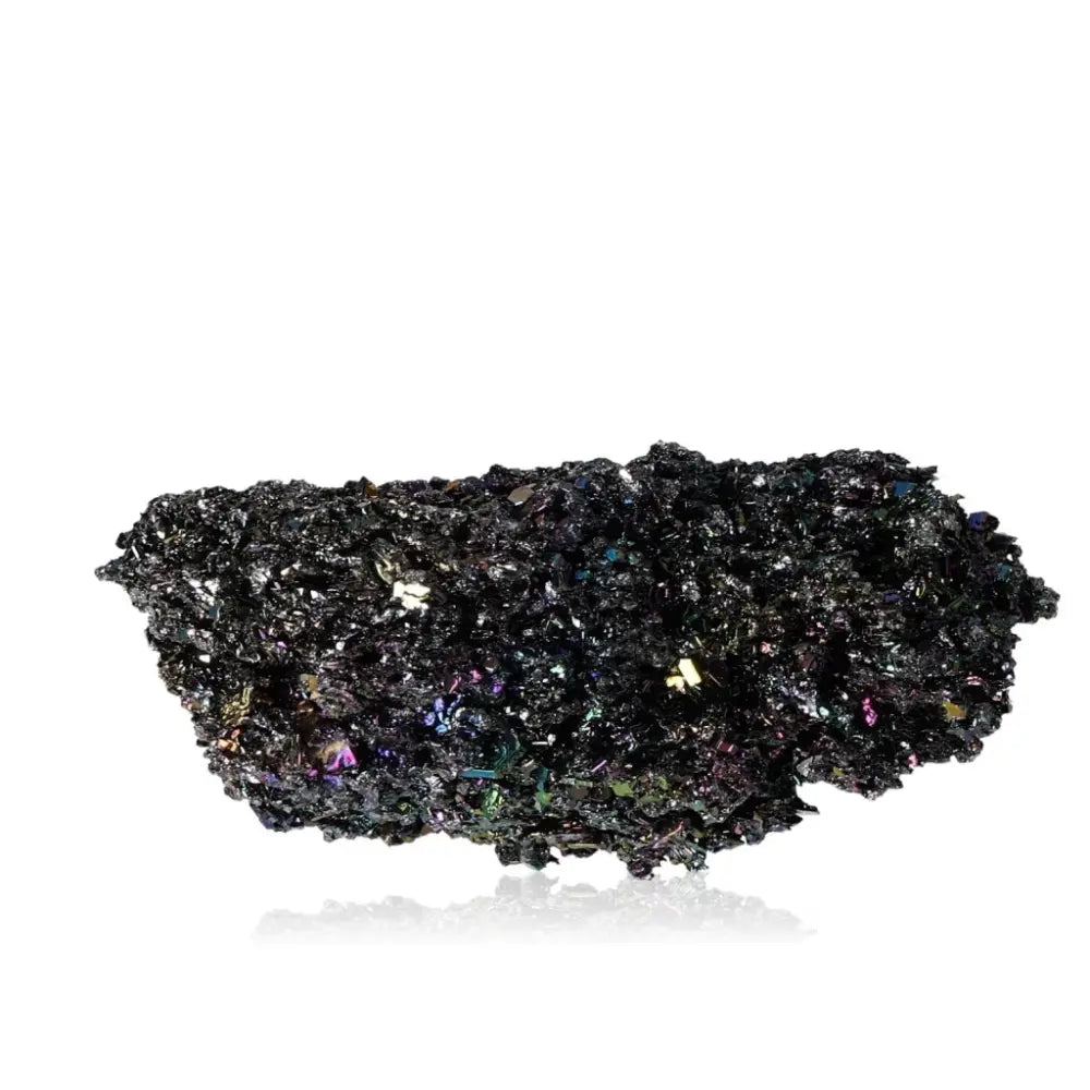 Carborundite crystal with shimmering rainbow surface, known for energy amplification and transformation properties.