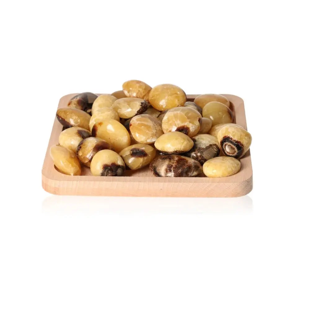 Septarian Palm Stones in a wooden tray, known for unique appearance and symbolism, representing power and endurance.