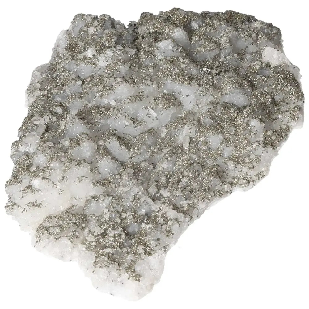 Quartz with Pyrite crystal displaying a shimmering silver and white surface, symbolizing spiritual depth and transformation.