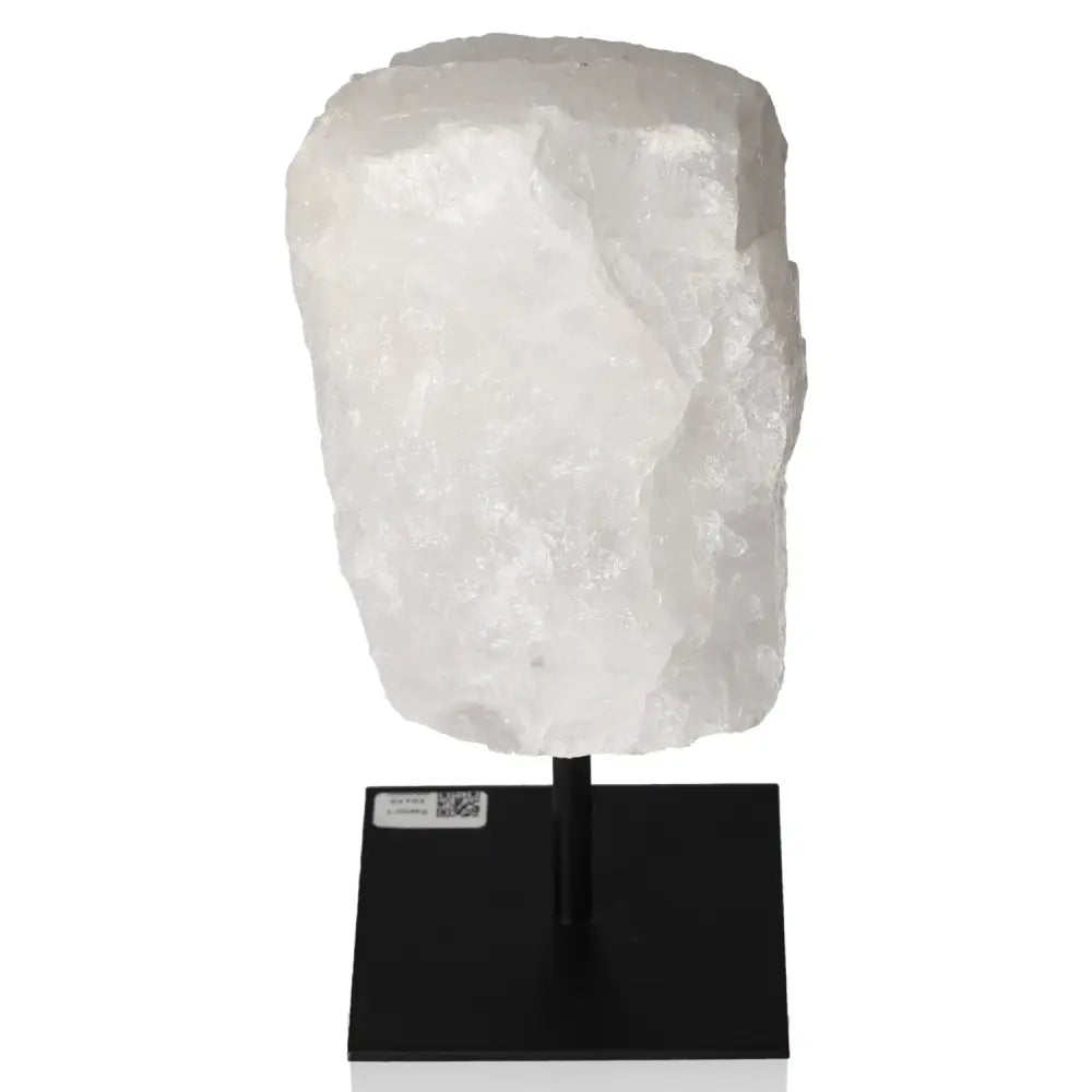 Cut Milky Quartz on Metal Stand, showcasing its ethereal, cloudy opacity and elegance as offered by Sylvia Crystals.