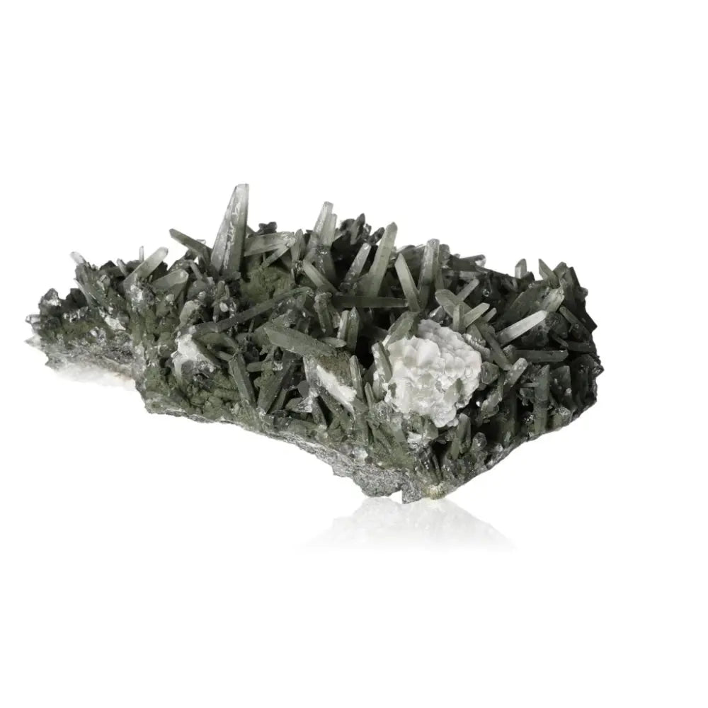 Green quartz crystal cluster showcasing unique geometry and natural allure on a white background