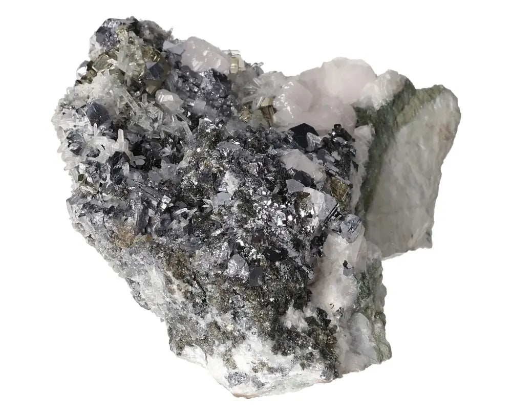 Exquisite Manganocalcite cluster with Sphalerite, Galena, Quartz, and Pyrite from Sylvia Crystals collection.