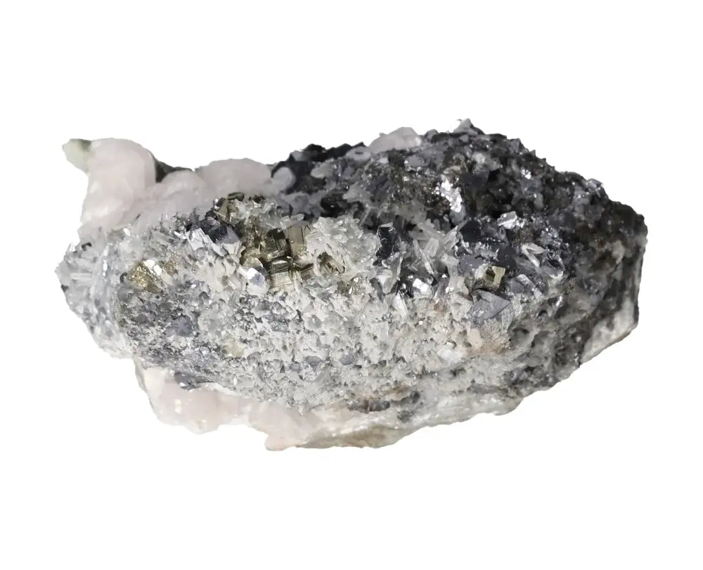 Manganocalcite with sphalerite, galena, quartz, and pyrite crystal cluster in white background from Sylvia Crystals collection