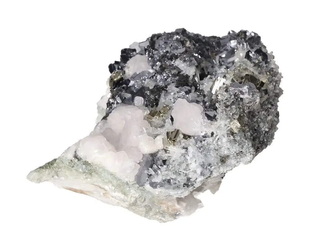 Manganocalcite with Sphalerite, Galena, Quartz, and Pyrite crystal cluster showcasing intricate natural beauty.