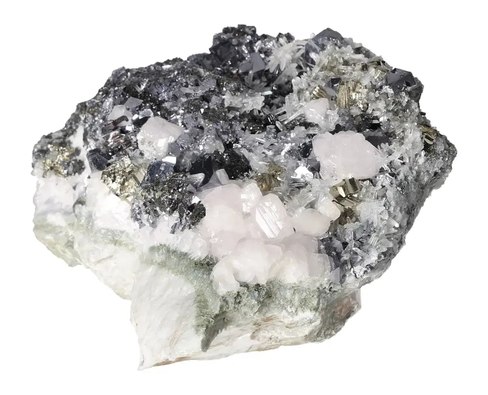 Manganocalcite with Sphalerite, Galena, Quartz, and Pyrite crystal cluster from Sylvia Crystals, showcasing natural beauty and craftsmanship.