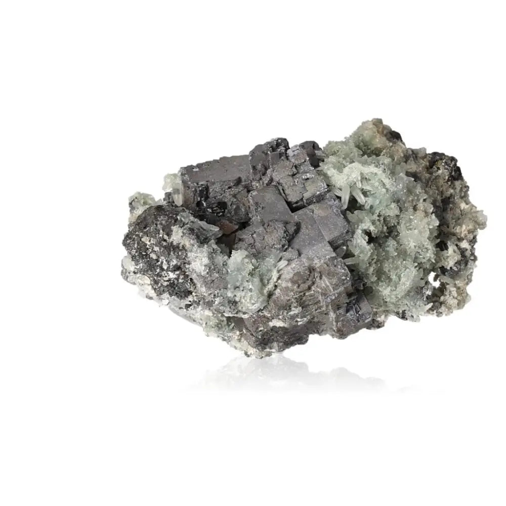 Galena with Quartz mineral by Sylvia Crystals, showcasing metallic luster and grounding energy, perfect for spiritual enrichment.