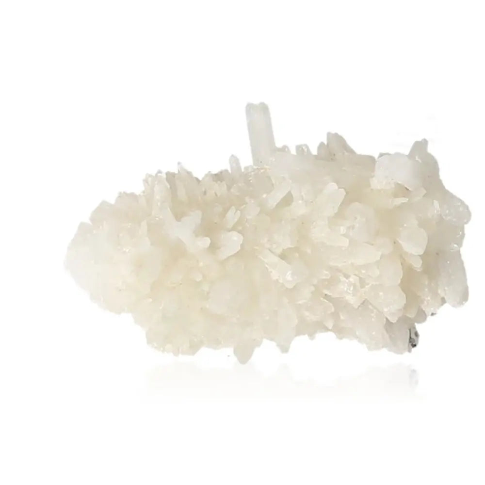 White quartz crystal cluster showcasing its detailed, shimmering formations, known for spiritual and energetic balance.