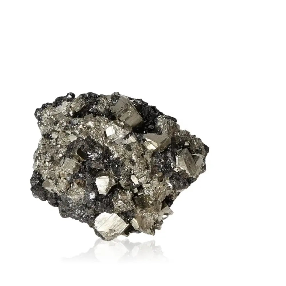 Exquisite Pyrite with Sphalerite crystal, featuring metallic shimmer and grounding energy qualities from Sylvia Crystals.