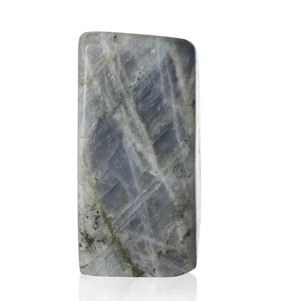 Polished Labradorite Cut Base by Sylvia Crystals showcasing its natural iridescent colors and sleek design.