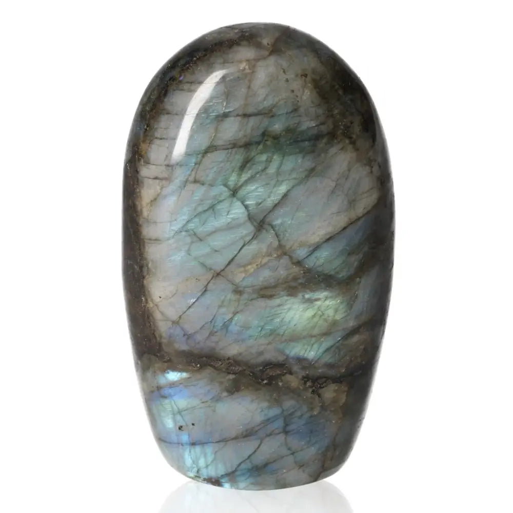 Polished Cut Base Labradorite by Sylvia Crystals, showcasing natural iridescent beauty.