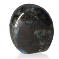 Polished cut base labradorite stone by Sylvia Crystals showcasing vibrant color flashes and elegant design, 100% natural and ethically sourced.
