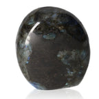 Polished cut base labradorite stone by Sylvia Crystals showcasing vibrant color flashes and elegant design, 100% natural and ethically sourced.