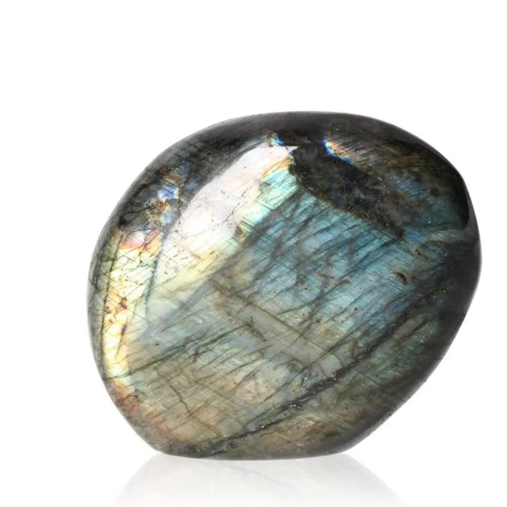 Polished labradorite cut base by Sylvia Crystals, showcasing vibrant hues and natural beauty, ethically sourced for elegance and energy.