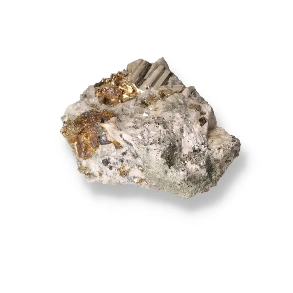 Pyrite with Quartz and Calcite crystal from Sylvia Crystals, featuring gold tones and earthy textures, symbolizing abundance.