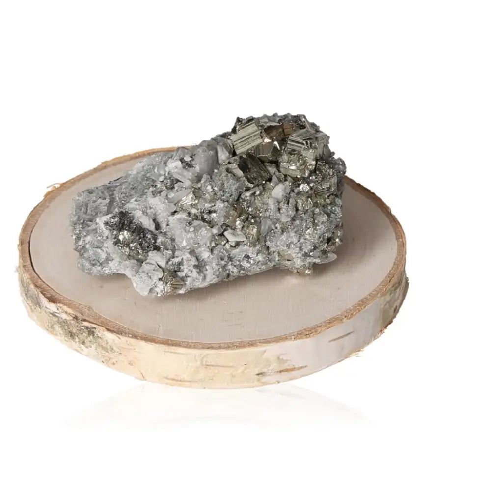 Pyrite with Quartz and Sphalerite mineral specimen on wooden base, featuring golden shimmer and translucent clarity.