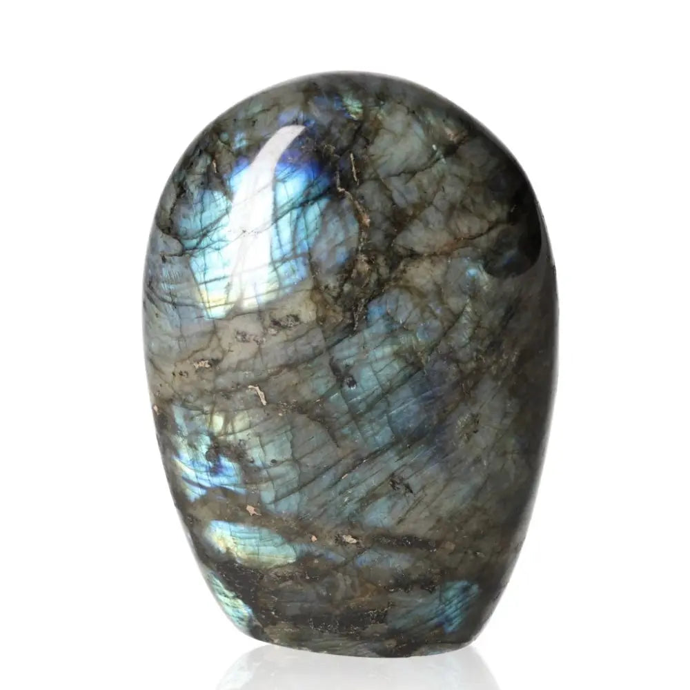 Polished cut base labradorite gemstone with vibrant flashes of color by Sylvia Crystals, showcasing natural beauty and energy.