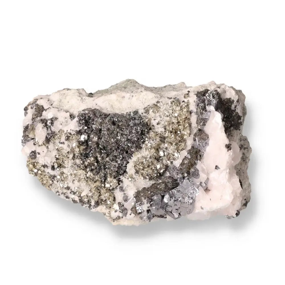 Quartz with Galena and Pyrite mineral specimen, featuring metallic luster and golden hues, known for attracting abundance and prosperity.