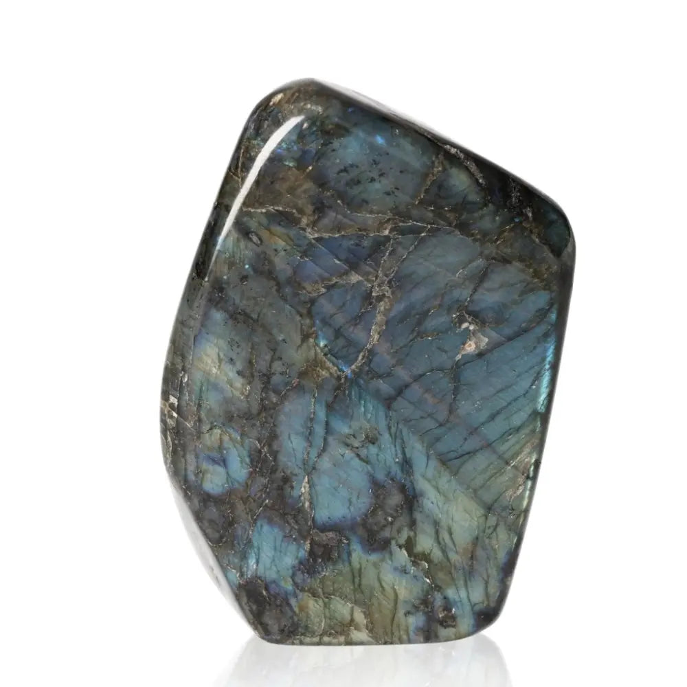 Polished Cut Base Labradorite with mesmerizing colors by Sylvia Crystals, showcasing natural elegance and energy.