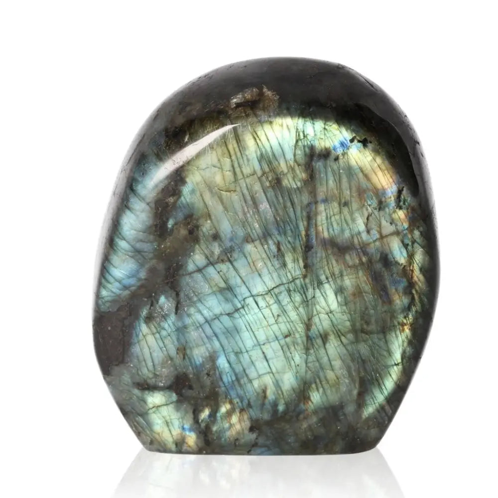 Polished Cut Base Labradorite by Sylvia Crystals with colorful iridescence, perfect blend of elegance and energy, natural and ethically sourced.