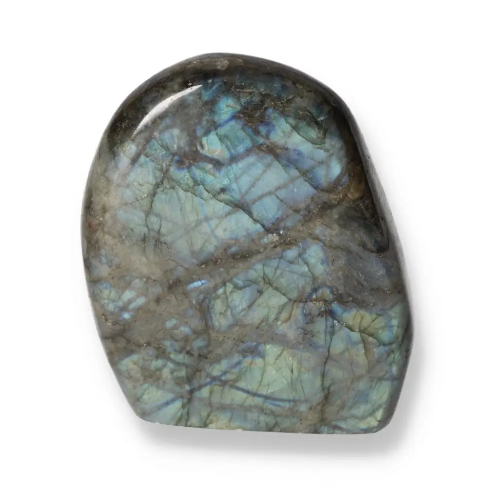 Polished Cut Base Labradorite by Sylvia Crystals showcasing vibrant colors and energy, ethically sourced and elegantly designed.