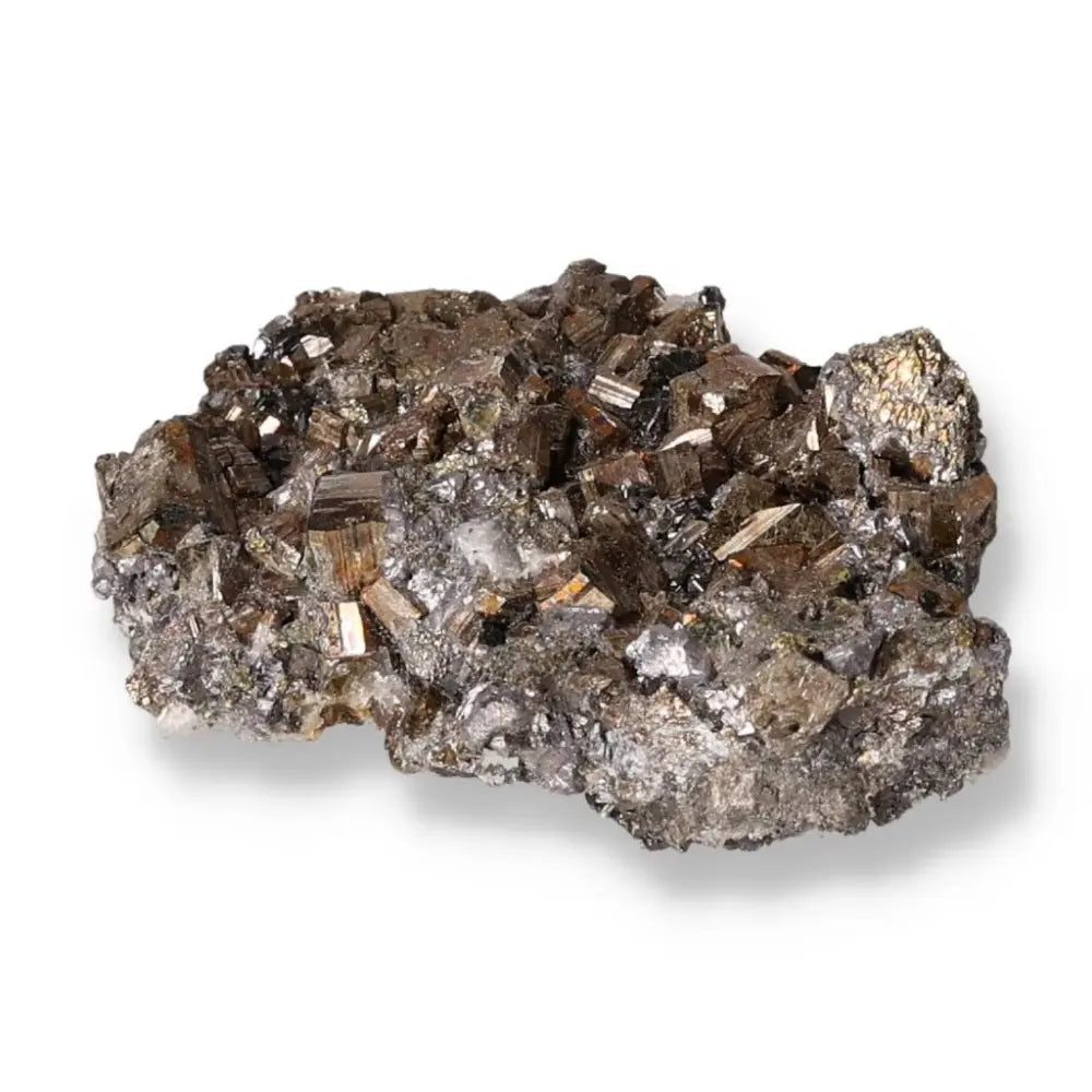 Pyrite with Galena and Quartz crystal, showcasing golden shimmer, silvery sheen, and clear quartz from Sylvia Crystals, luxury and allure.
