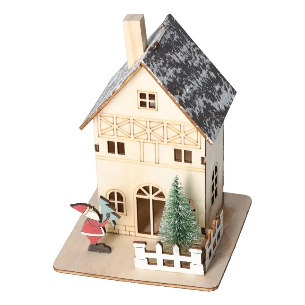 Wooden LED house with snowy roof and Santa figurine, Sylvia Crystals Table Deco House LED 3