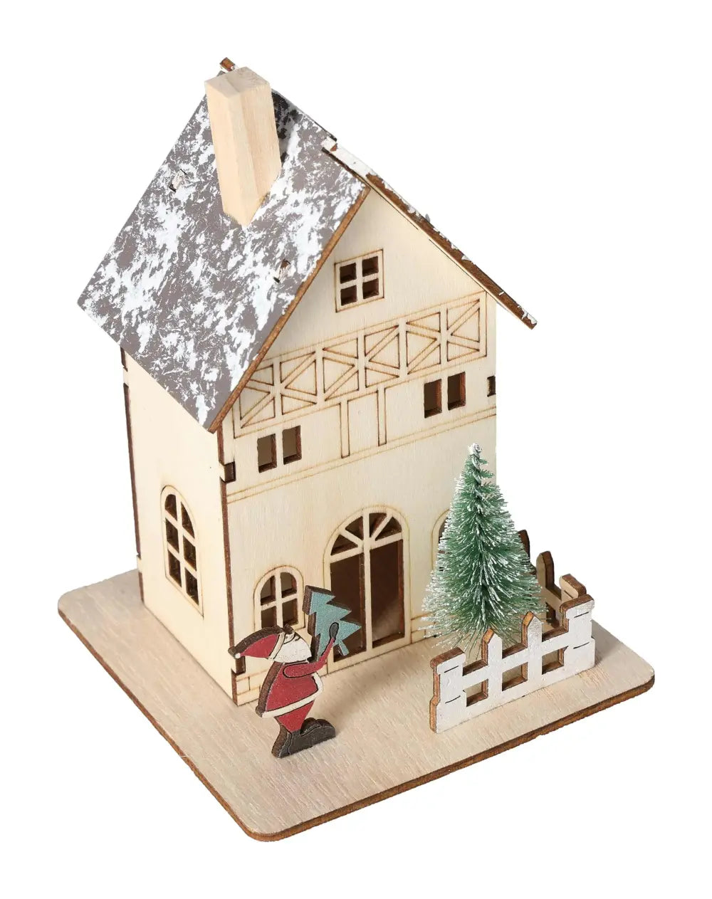 Table Deco House LED 3 with snowy roof, wooden design, and festive décor, part of Sylvia Crystals' luxury and conscious living collection.