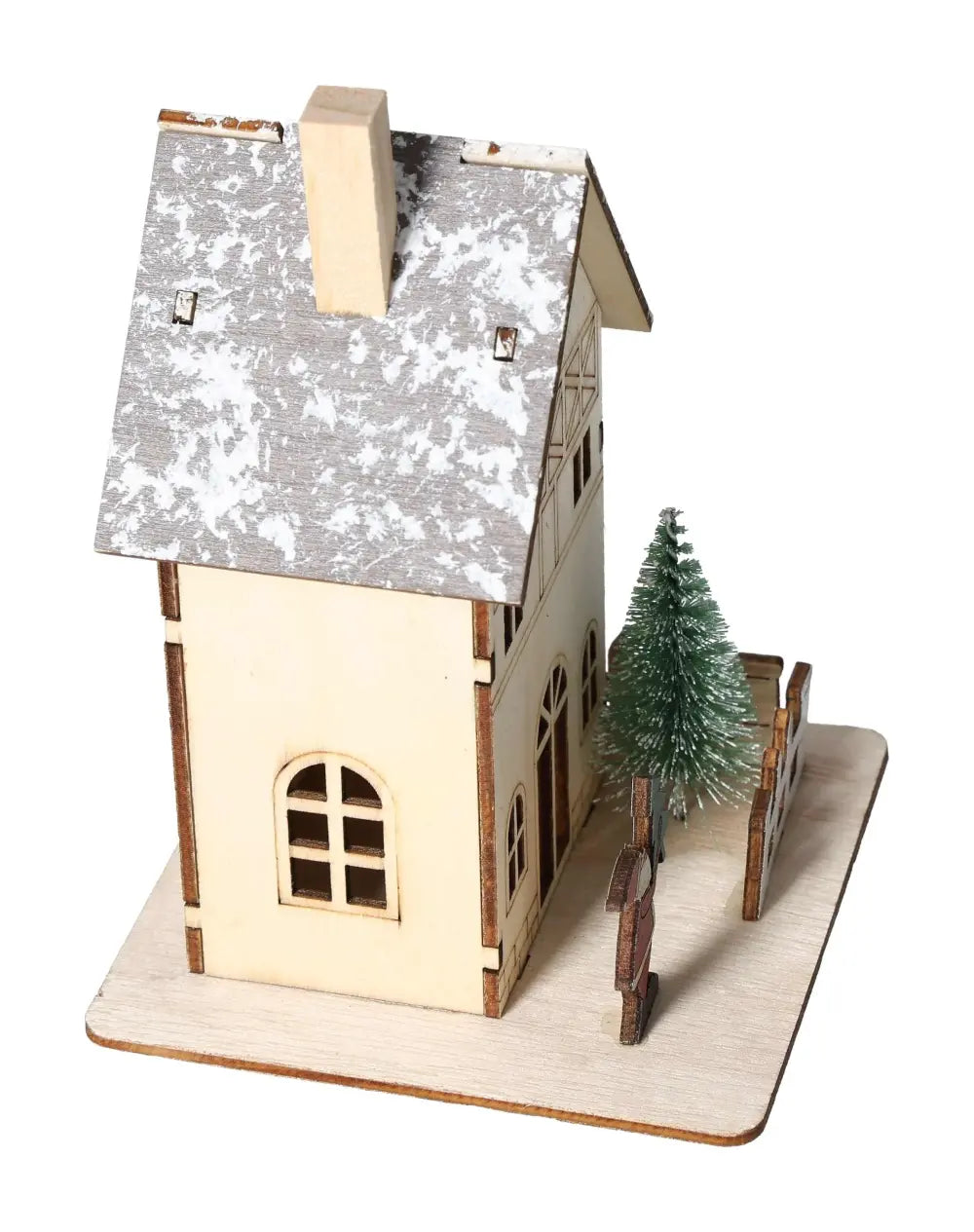 Elegant Table Deco House LED 3 with snowy roof and miniature tree, part of Sylvia Crystals collection, symbolizing luxury and harmony.