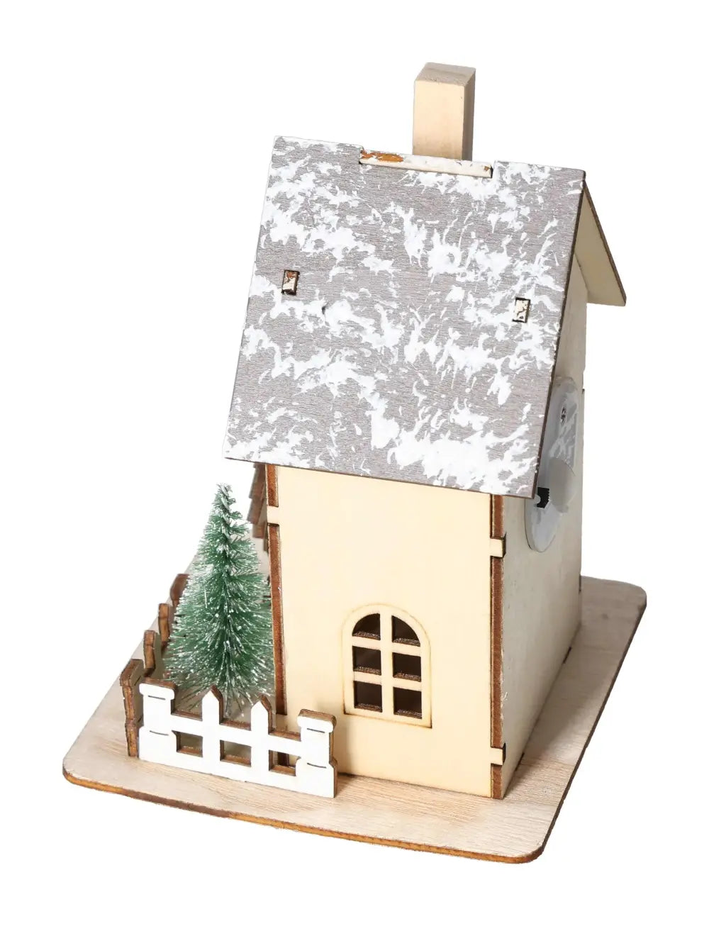 Elegant Table Deco House LED 3 with a snowy roof, small tree, and picket fence, part of the Sylvia Crystals collection.