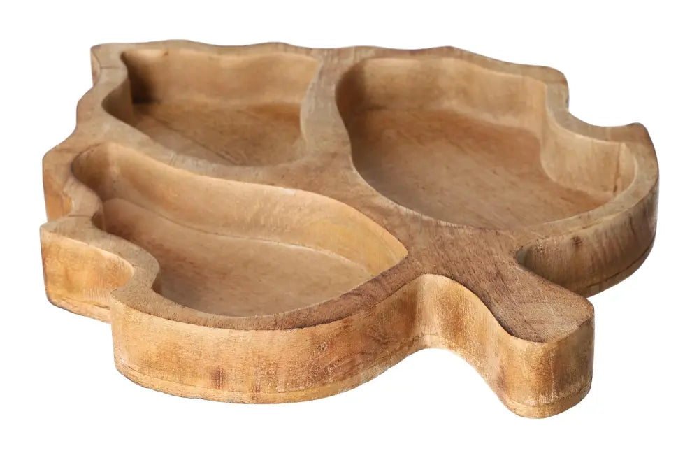 Wooden leaf-shaped tray with three compartments, handcrafted for elegance and functionality in home decor.