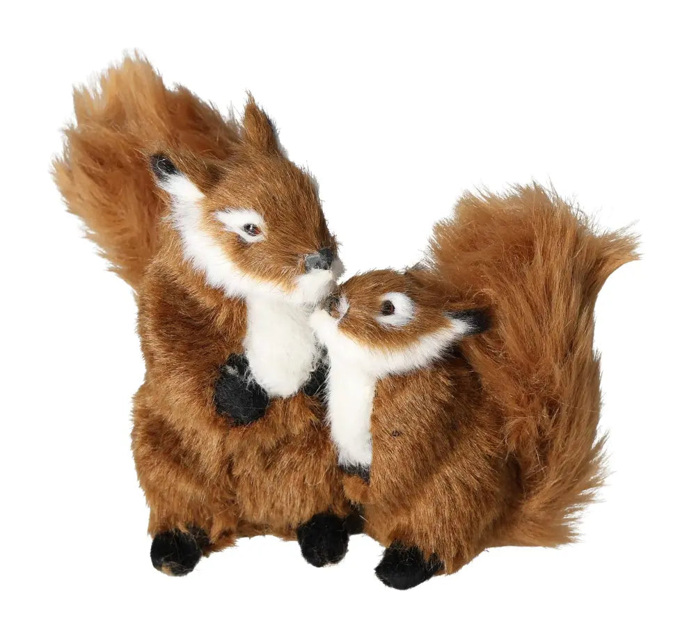 Plush brown squirrel pair with fluffy tails, perfect for home decor