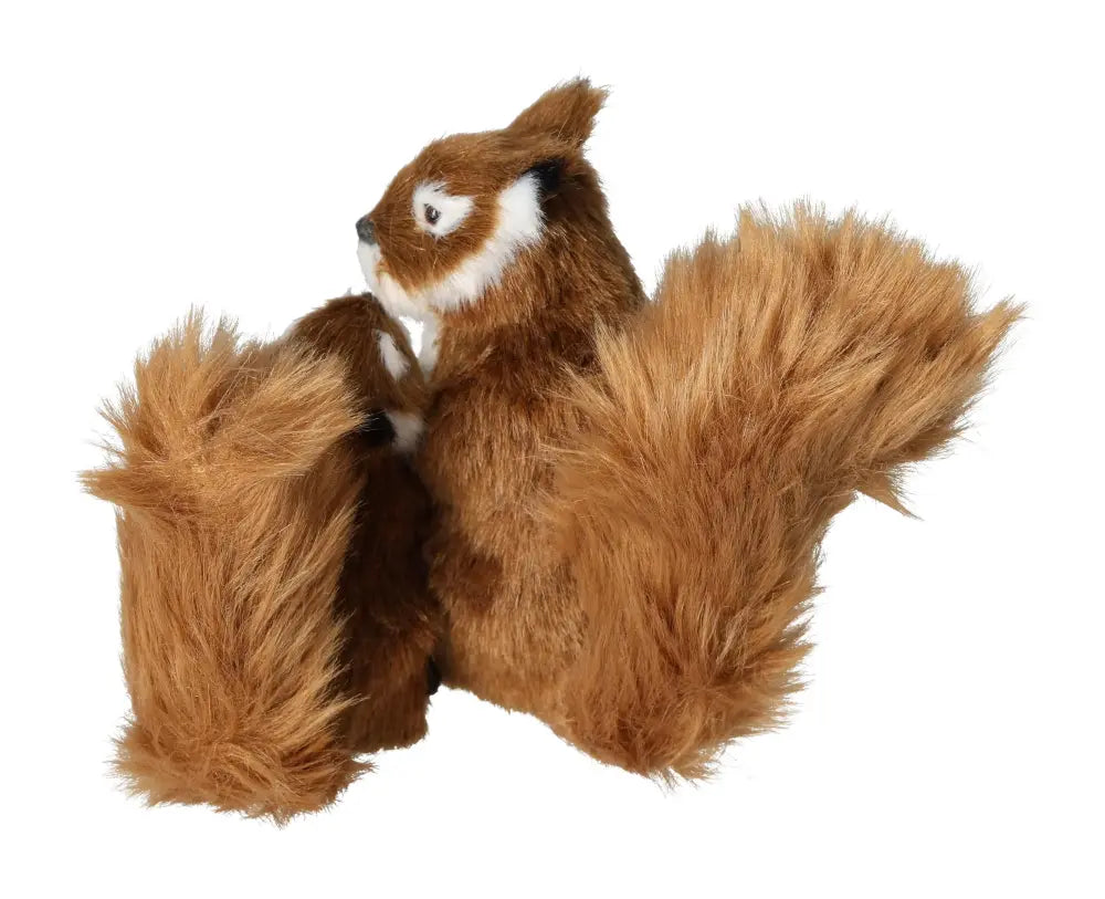 Realistic brown squirrel plush decor showcasing fluffy tails, suitable for home decoration and wildlife-themed interiors.