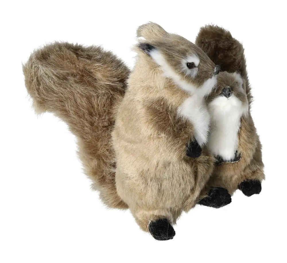 Two plush toy squirrels with fluffy tails, detailed fur, and white underbellies, positioned side by side against a white background.