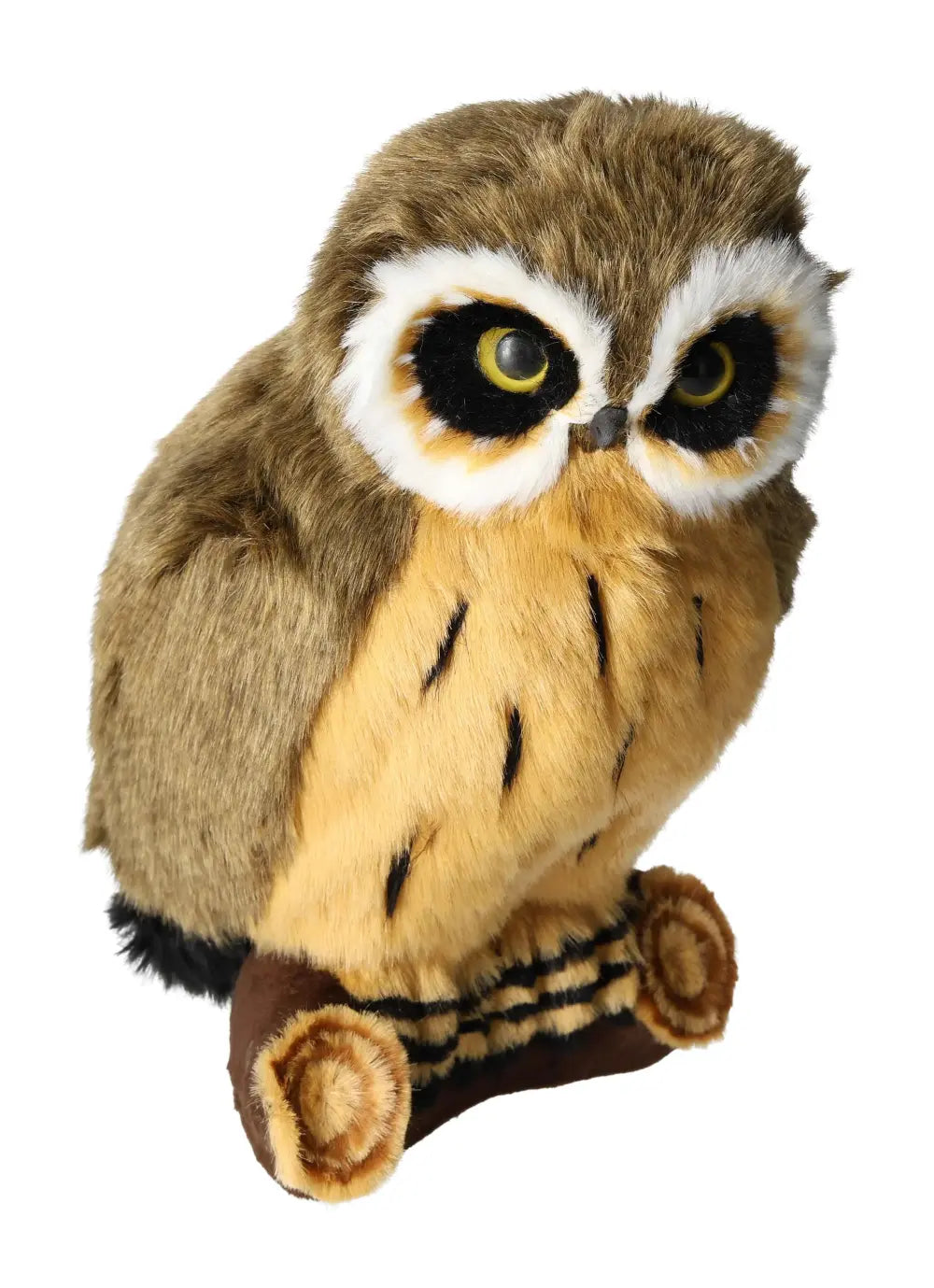 Realistic owl figurine with brown and white fur, sitting on a perch, ideal for home decor and symbolizing wisdom.