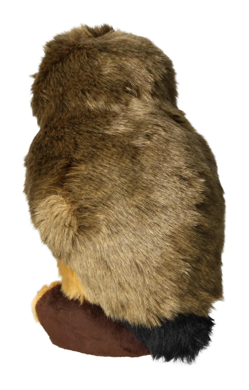 Plush toy owl with a focus on soft, detailed fur texture, showcasing natural colors and exquisite design.