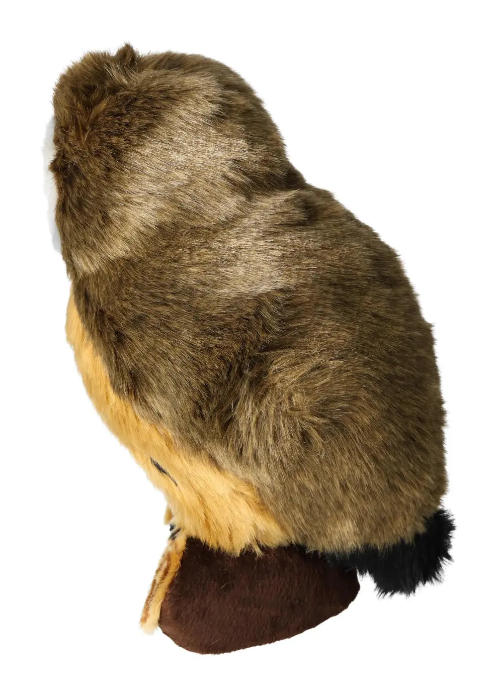 Side view of a realistic plush owl figurine, showcasing detailed brown and tan fur texture, symbolizing wisdom and nature's beauty.