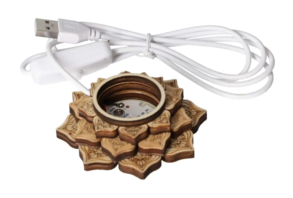 Lotos Base 8 cm with USB-A cable offers conscious luxury, blending spirituality and tech from Sylvia Crystals.